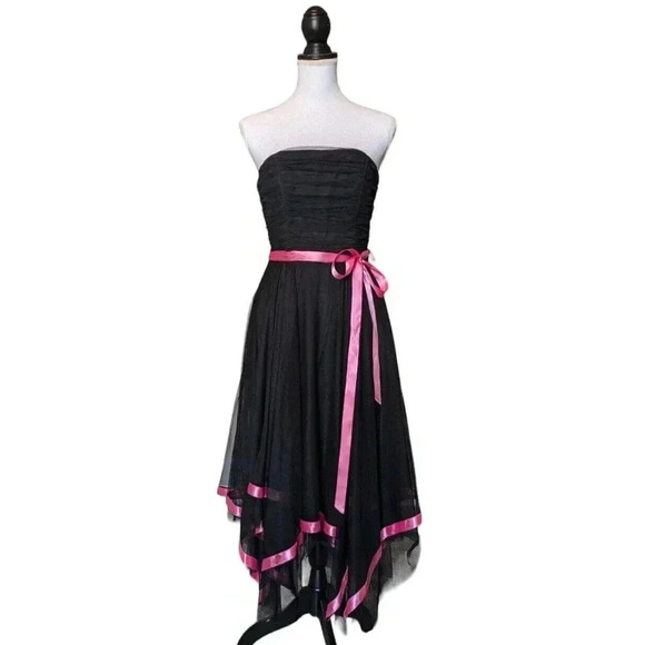 Cache VTG 90s Y2K Black Strapless Tulle Mesh Handkerchief Hem Dress Ruched Goth - Picture 1 of 8